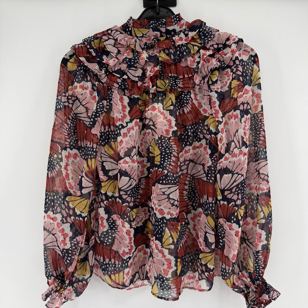 NEW BODEN Butterfly Ruffle Neck Shirt Multicolor Sheer Blouse Ruffled Cuffs US-2 - Picture 7 of 12